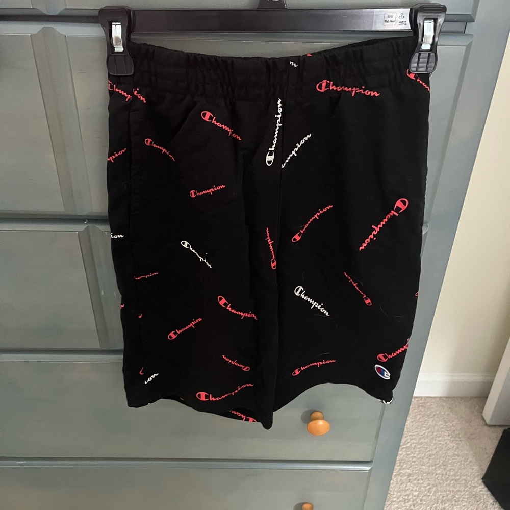 Champion Men's Black Shorts with Red Logo Accents